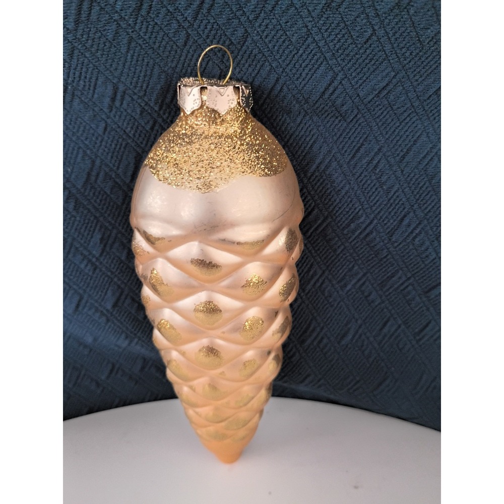 Vintage Style Glass Pinecone Christmas Ornament Gold Glitter Champagne 6.5 Inch